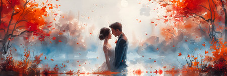 Wedding scene. Bride and groom in the autumn park. Digital painting.の素材