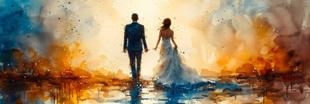Illustration of a young couple in love walking in the water.の素材