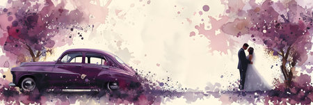 Wedding couple in love with a purple car. Digital watercolor painting.の素材
