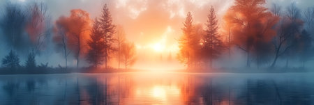 Foggy sunrise over the forest lake. Panoramic viewの素材