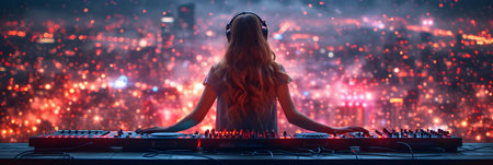 Young woman dj playing music on her midi controller with cityscape at backgroundの素材