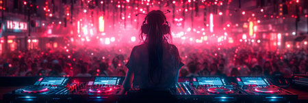 DJ girl mixing music at a nightclub party with lights in the backgroundの素材