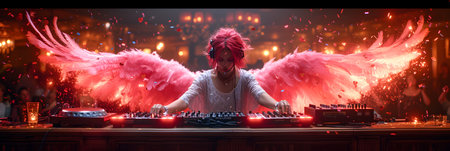 Girl with wings playing music on a mixer in a nightclub at nightの素材