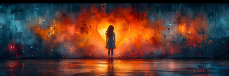 Cute little girl in a white dress stands in front of a wall with fire and smoke.の素材