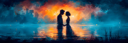 Silhouette of a loving couple in the water on a background of the cityの素材