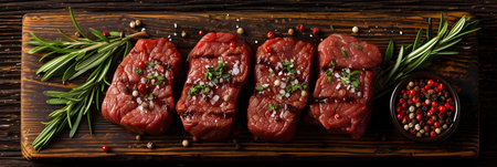 Raw beef steaks with spices on a wooden board. Top viewの素材