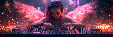 Beautiful girl dj playing music on her mixer with lights and smokeの素材