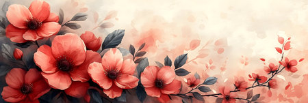 Beautiful floral background with red flowers and leaves. Vector illustration.の素材