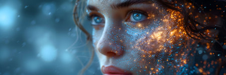 Portrait of a beautiful young woman with blue eyes and futuristic digital backgroundの素材