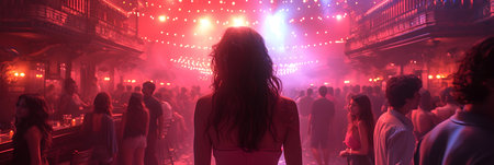 Silhouette of a girl dancing in front of a crowd of peopleの素材