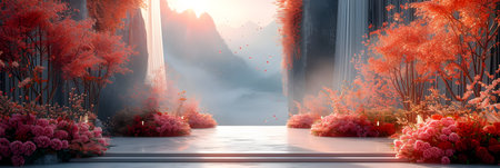 3d render of fantasy fantasy landscape with foggy forest and red flowersの素材