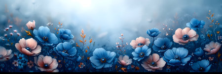 Digital painting of a beautiful floral background with blue flowers and grass.の素材