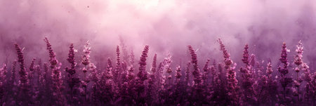 Purple lavender flowers in foggy field, panoramic bannerの素材