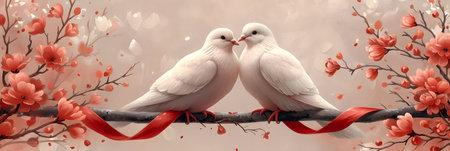 Pair of white doves sitting on a branch with red flowersの素材
