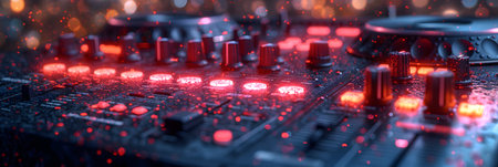 Close-up of an electronic mixing console. 3D rendering.の素材