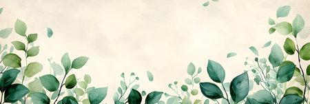 Watercolor background with green leaves and branches. Hand painted illustration.の素材
