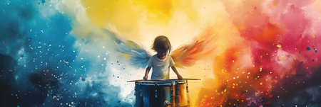 Cute little girl with angel wings playing drums on colorful background.の素材