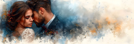 Wedding photo of bride and groom in love. Digital watercolor painting.の素材