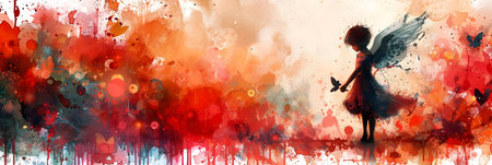 Silhouette of a girl with wings on a background of red watercolor splashesの素材
