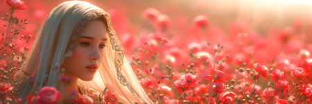 Portrait of a beautiful girl in a field of poppiesの素材