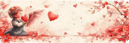 Valentine's day background with cupid and red hearts.の素材