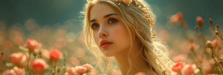 Portrait of a beautiful young girl with a wreath on her head.の素材