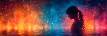 Fantasy illustration of a girl in the water with fire background.の素材
