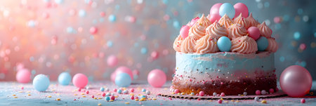 Birthday cake with pink and blue sprinkles on light background, bannerの素材