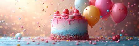 Birthday cake with balloons and confetti on light background, closeupの素材