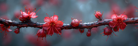Branch of a blossoming plum tree with red flowers on a blurred backgroundの素材