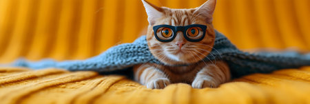Cute ginger cat wearing a blue scarf and glasses lies on a yellow background.の素材