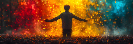 A 3d render of a man standing in front of a fireの素材