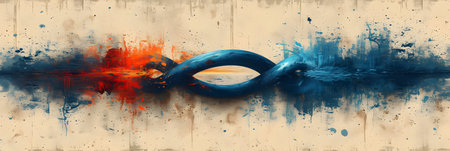 Grunge metal chain with blue and orange paint splashes.の素材
