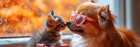 Cat and dog in heart shaped glasses near the window. Selective focus.の素材