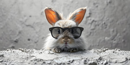 Cute rabbit with sunglasses on gray wall background. Easter concept.の素材