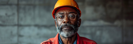 Portrait of senior African American construction worker wearing safety helmet and glasses.の素材
