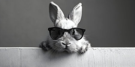 Rabbit in sunglasses on a gray background. Black and white photo.の素材