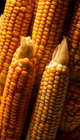 Close up of fresh corn cobs on a black background. Selective focus.の素材
