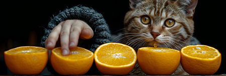 Cute cat is playing with oranges. Selective focus. nature.の素材