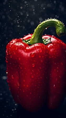 Red bell pepper with drops of water on a dark background. Selective focus.の素材