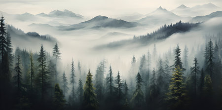 Panoramic view of foggy forest in the mountains at sunrise.の素材