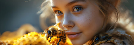 Closeup portrait of a beautiful young girl with bees and honeycombの素材