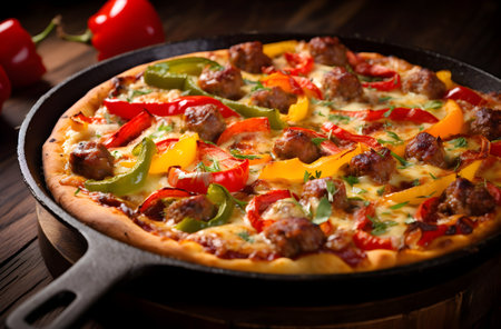 Pizza with meatballs and bell pepper in a cast-iron panの素材