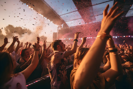 Crowd cheering with hands raised at a music festival - Music festivalの素材