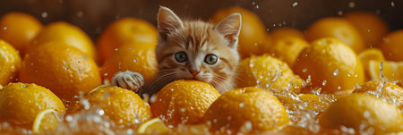 Cute little kitten sits in a lot of tangerines.の素材