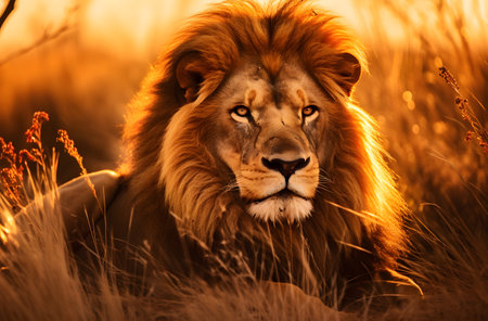 Lion in the savannah at sunset, Masai Mara National Park, Kenyaの素材
