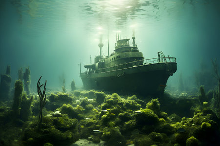 Underwater view of an old sunken ship in the sea.の素材