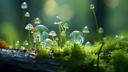 Close up of small mushrooms growing on a log in the forest.の素材