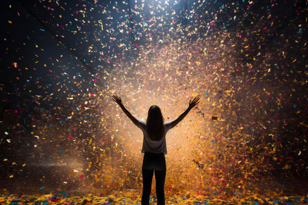 Silhouette of a girl with raised hands against the background of confettiの素材