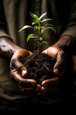 Hands of african american man holding a small green plantの素材
